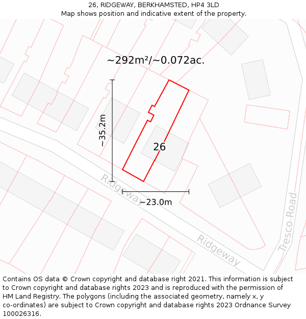 26, RIDGEWAY, BERKHAMSTED, HP4 3LD: Plot and title map
