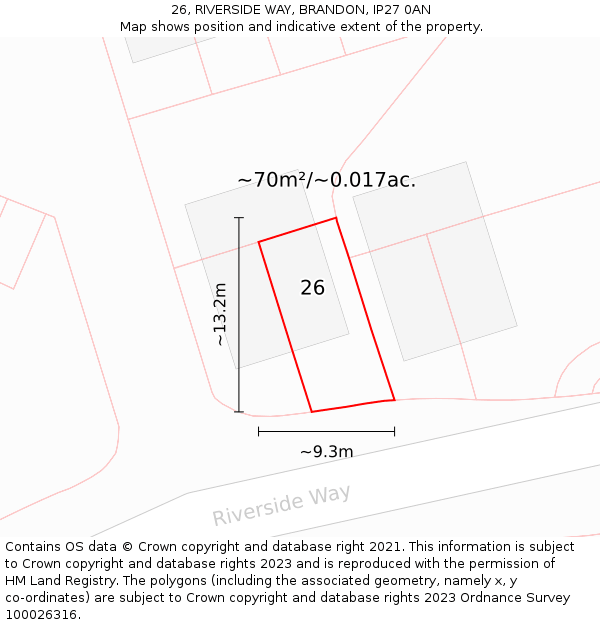 26, RIVERSIDE WAY, BRANDON, IP27 0AN: Plot and title map