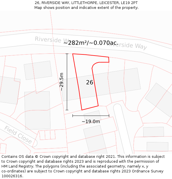 26, RIVERSIDE WAY, LITTLETHORPE, LEICESTER, LE19 2PT: Plot and title map
