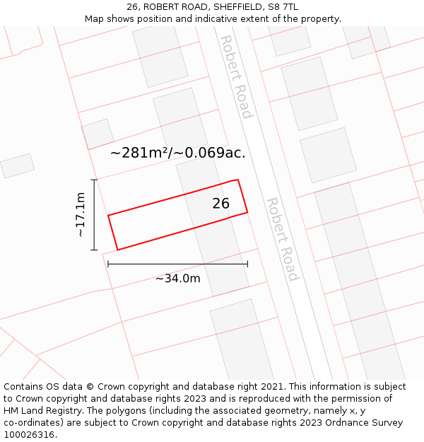 26, ROBERT ROAD, SHEFFIELD, S8 7TL: Plot and title map