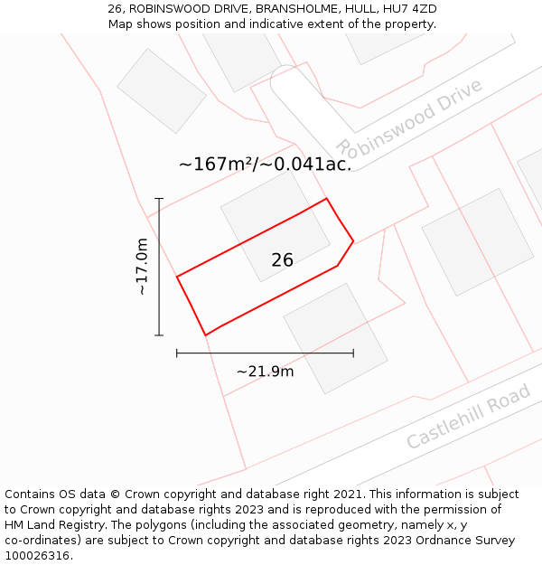 26, ROBINSWOOD DRIVE, BRANSHOLME, HULL, HU7 4ZD: Plot and title map