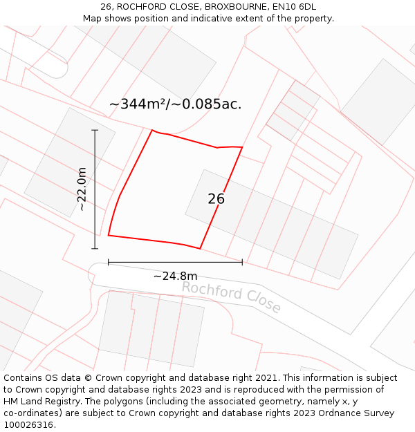 26, ROCHFORD CLOSE, BROXBOURNE, EN10 6DL: Plot and title map