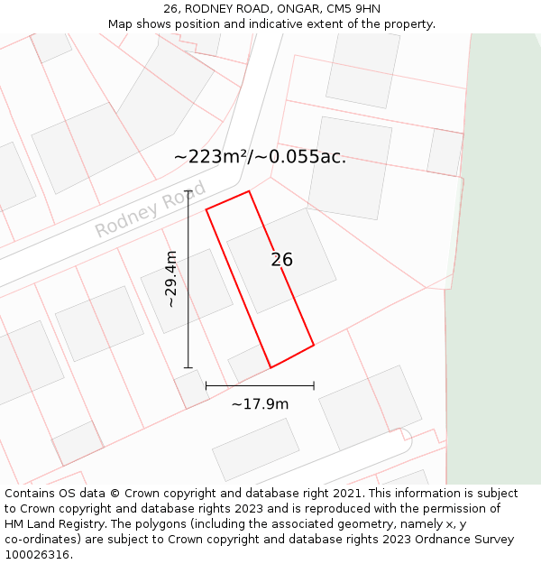 26, RODNEY ROAD, ONGAR, CM5 9HN: Plot and title map