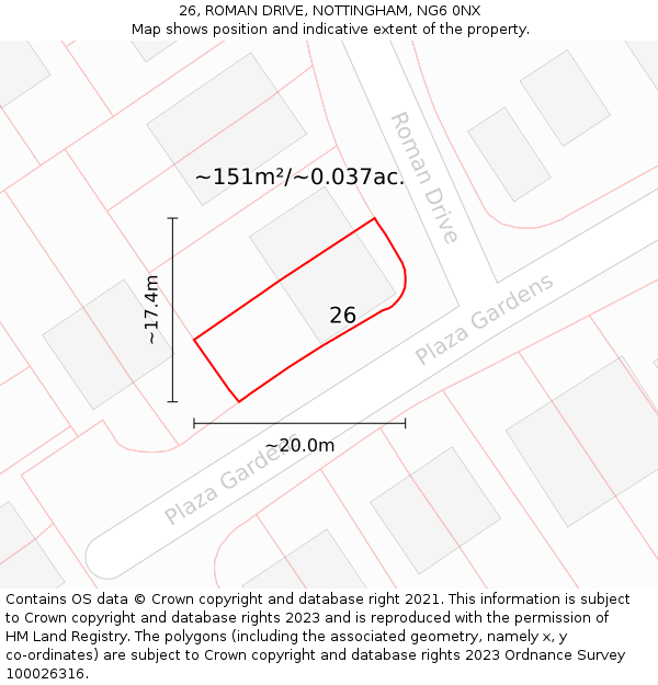 26, ROMAN DRIVE, NOTTINGHAM, NG6 0NX: Plot and title map