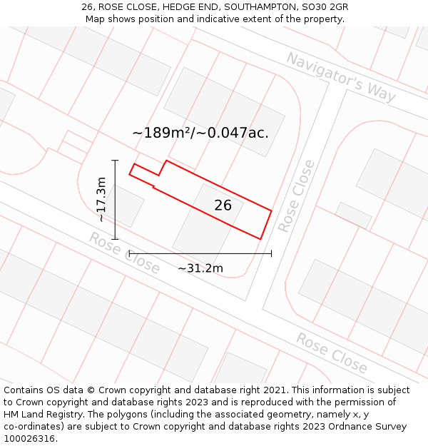 26, ROSE CLOSE, HEDGE END, SOUTHAMPTON, SO30 2GR: Plot and title map