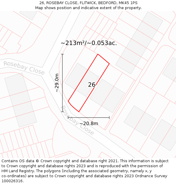 26, ROSEBAY CLOSE, FLITWICK, BEDFORD, MK45 1PS: Plot and title map