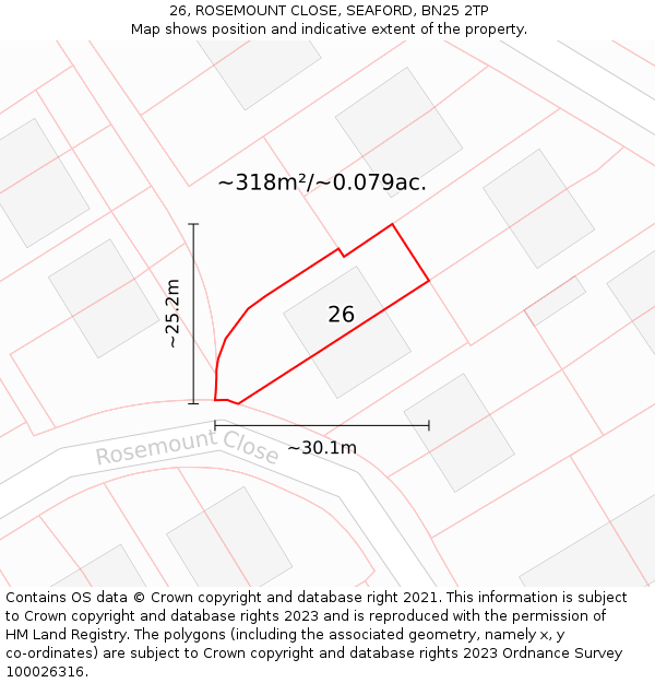 26, ROSEMOUNT CLOSE, SEAFORD, BN25 2TP: Plot and title map