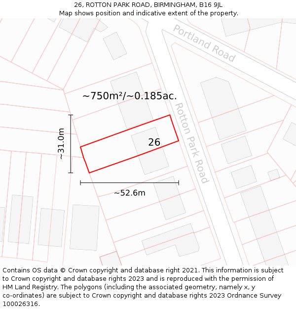 26, ROTTON PARK ROAD, BIRMINGHAM, B16 9JL: Plot and title map