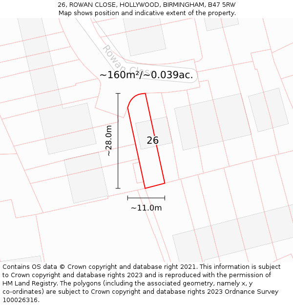 26, ROWAN CLOSE, HOLLYWOOD, BIRMINGHAM, B47 5RW: Plot and title map