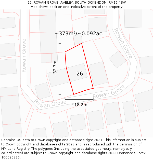 26, ROWAN GROVE, AVELEY, SOUTH OCKENDON, RM15 4SW: Plot and title map