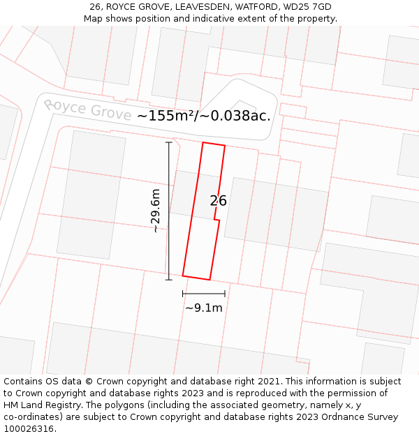 26, ROYCE GROVE, LEAVESDEN, WATFORD, WD25 7GD: Plot and title map