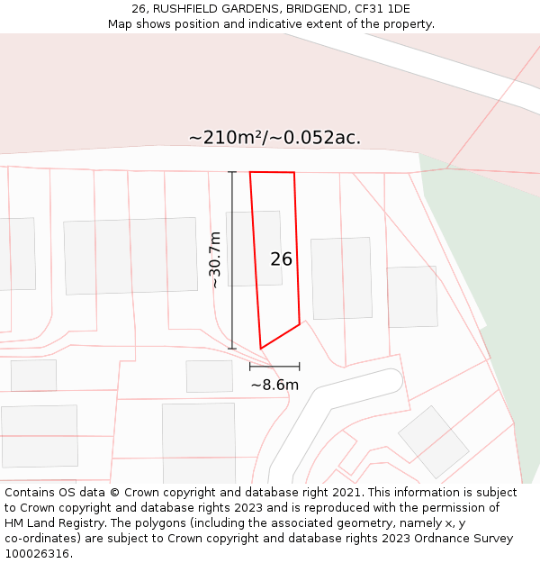 26, RUSHFIELD GARDENS, BRIDGEND, CF31 1DE: Plot and title map