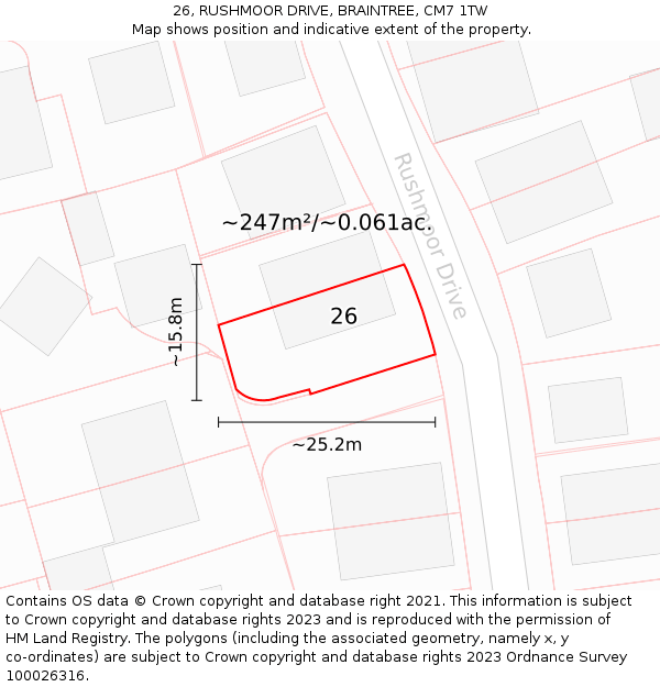 26, RUSHMOOR DRIVE, BRAINTREE, CM7 1TW: Plot and title map