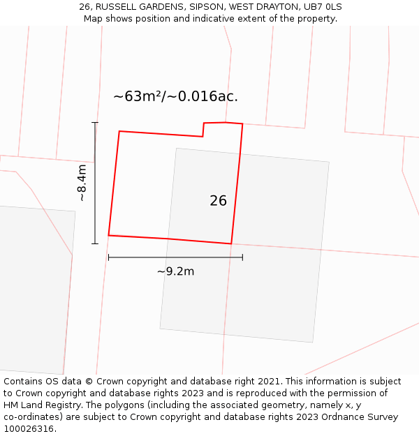 26, RUSSELL GARDENS, SIPSON, WEST DRAYTON, UB7 0LS: Plot and title map