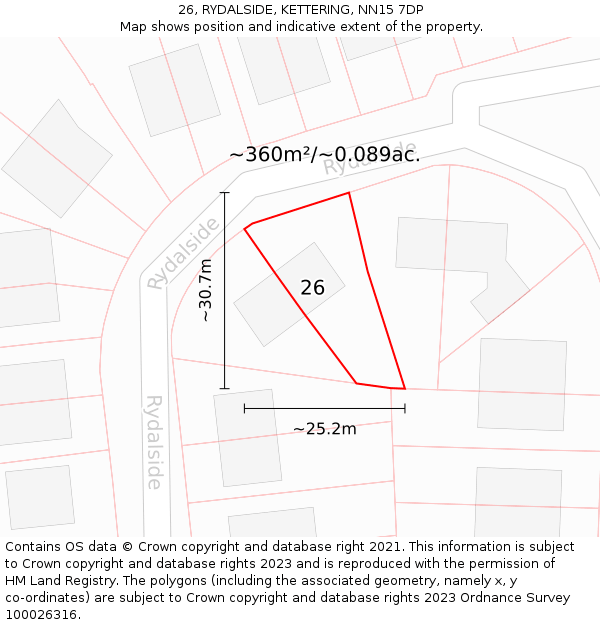 26, RYDALSIDE, KETTERING, NN15 7DP: Plot and title map