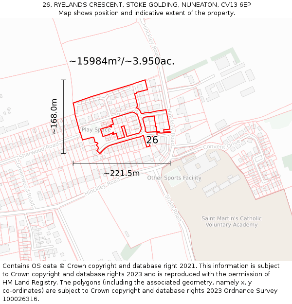 26, RYELANDS CRESCENT, STOKE GOLDING, NUNEATON, CV13 6EP: Plot and title map