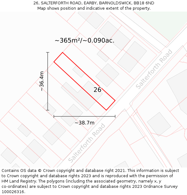 26, SALTERFORTH ROAD, EARBY, BARNOLDSWICK, BB18 6ND: Plot and title map