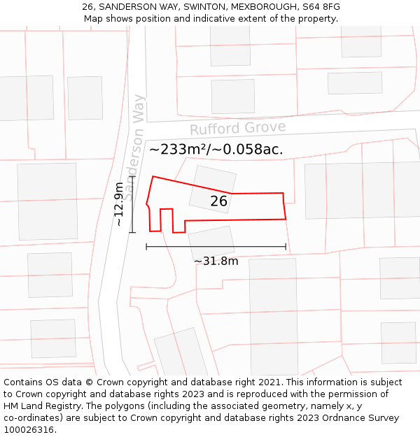 26, SANDERSON WAY, SWINTON, MEXBOROUGH, S64 8FG: Plot and title map