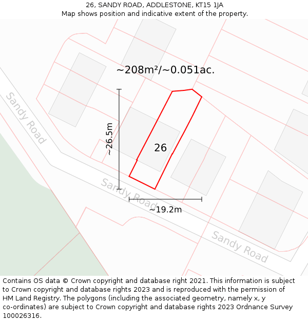 26, SANDY ROAD, ADDLESTONE, KT15 1JA: Plot and title map