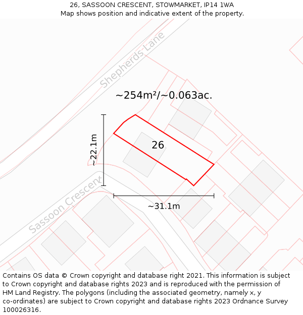 26, SASSOON CRESCENT, STOWMARKET, IP14 1WA: Plot and title map