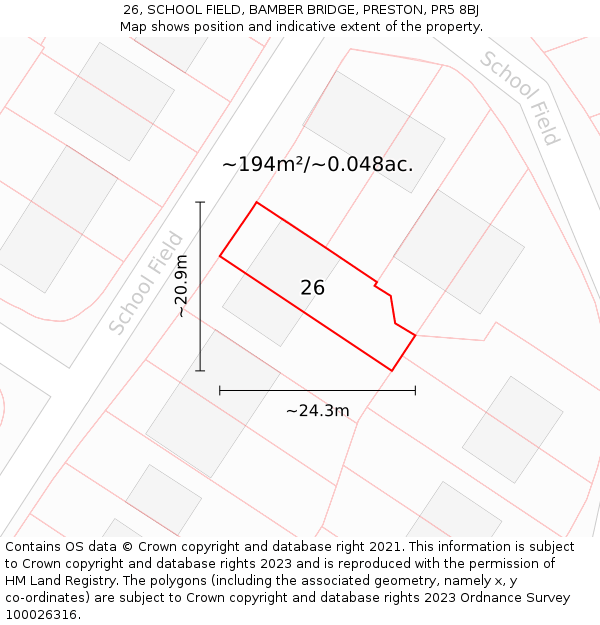 26, SCHOOL FIELD, BAMBER BRIDGE, PRESTON, PR5 8BJ: Plot and title map