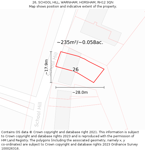 26, SCHOOL HILL, WARNHAM, HORSHAM, RH12 3QN: Plot and title map
