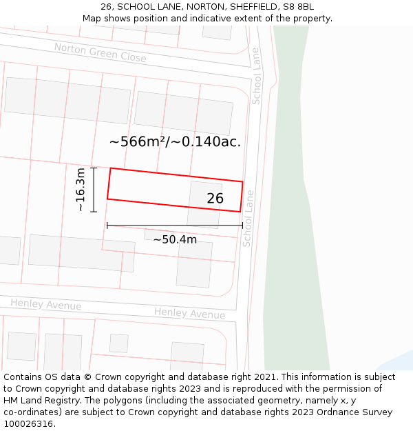 26, SCHOOL LANE, NORTON, SHEFFIELD, S8 8BL: Plot and title map