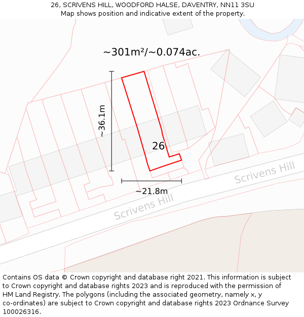 26, SCRIVENS HILL, WOODFORD HALSE, DAVENTRY, NN11 3SU: Plot and title map