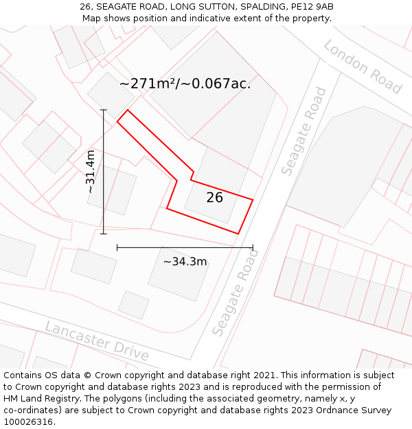 26, SEAGATE ROAD, LONG SUTTON, SPALDING, PE12 9AB: Plot and title map