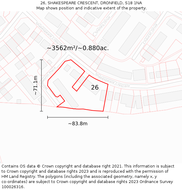 26, SHAKESPEARE CRESCENT, DRONFIELD, S18 1NA: Plot and title map