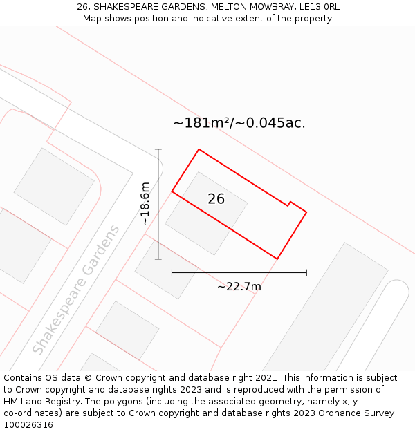 26, SHAKESPEARE GARDENS, MELTON MOWBRAY, LE13 0RL: Plot and title map
