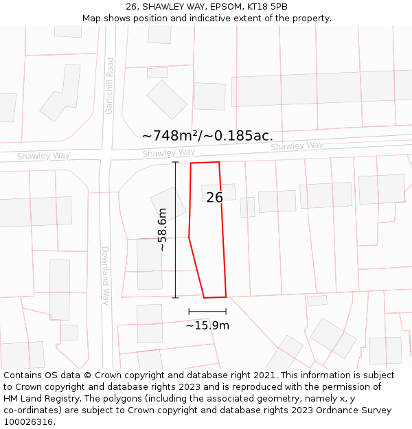 26, SHAWLEY WAY, EPSOM, KT18 5PB: Plot and title map