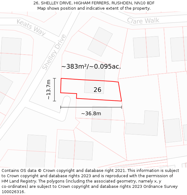 26, SHELLEY DRIVE, HIGHAM FERRERS, RUSHDEN, NN10 8DF: Plot and title map