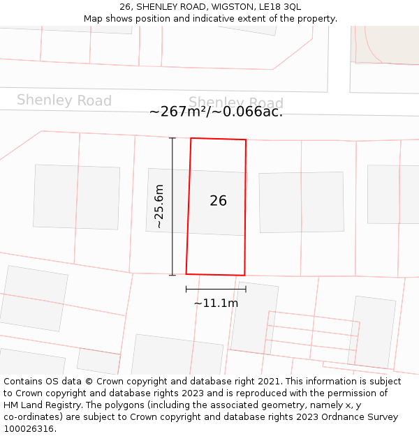 26, SHENLEY ROAD, WIGSTON, LE18 3QL: Plot and title map