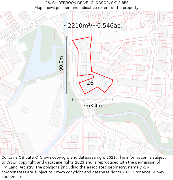 26, SHIREBROOK DRIVE, GLOSSOP, SK13 8RF: Plot and title map