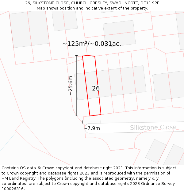 26, SILKSTONE CLOSE, CHURCH GRESLEY, SWADLINCOTE, DE11 9PE: Plot and title map