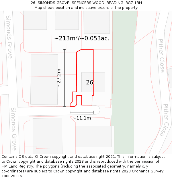 26, SIMONDS GROVE, SPENCERS WOOD, READING, RG7 1BH: Plot and title map