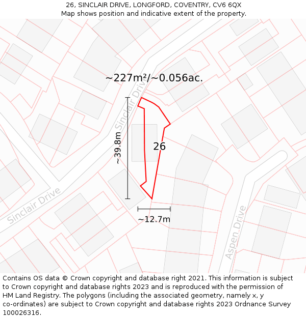 26, SINCLAIR DRIVE, LONGFORD, COVENTRY, CV6 6QX: Plot and title map