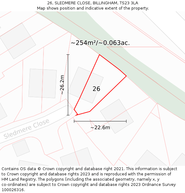 26, SLEDMERE CLOSE, BILLINGHAM, TS23 3LA: Plot and title map