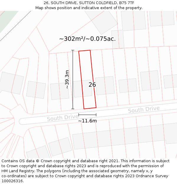 26, SOUTH DRIVE, SUTTON COLDFIELD, B75 7TF: Plot and title map