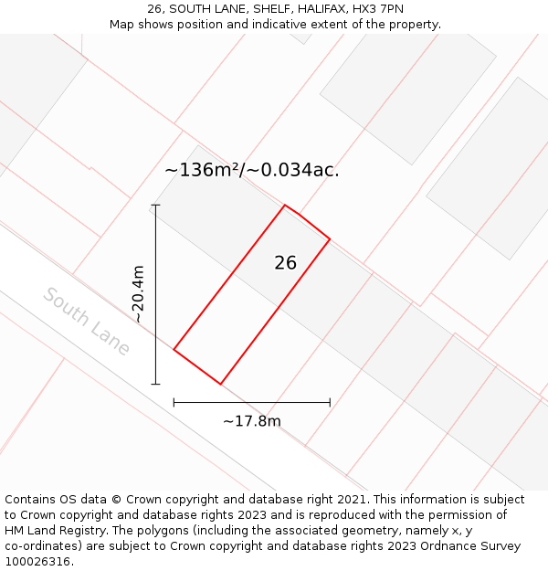 26, SOUTH LANE, SHELF, HALIFAX, HX3 7PN: Plot and title map