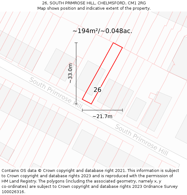 26, SOUTH PRIMROSE HILL, CHELMSFORD, CM1 2RG: Plot and title map