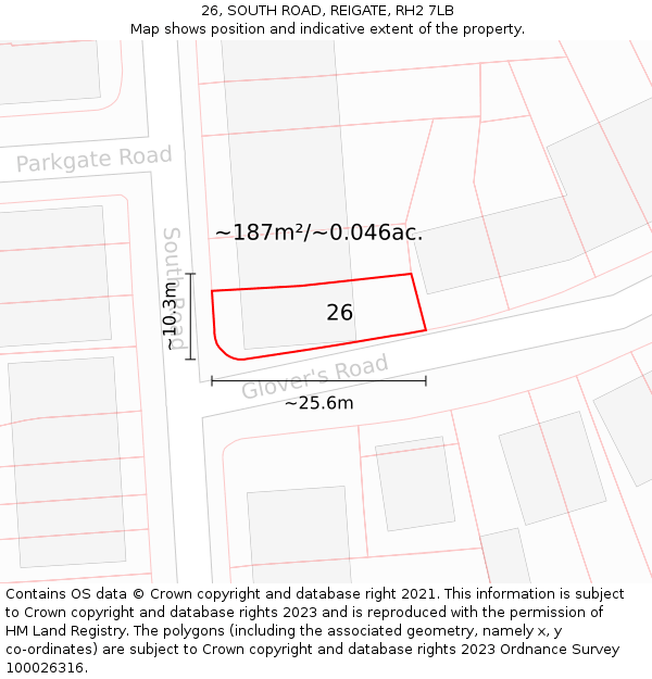 26, SOUTH ROAD, REIGATE, RH2 7LB: Plot and title map
