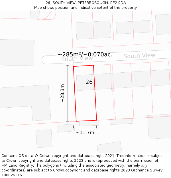 26, SOUTH VIEW, PETERBOROUGH, PE2 9DA: Plot and title map