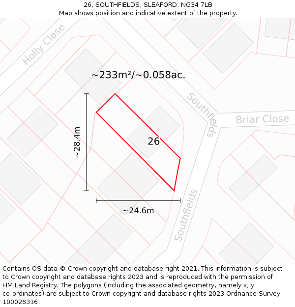 26, SOUTHFIELDS, SLEAFORD, NG34 7LB: Plot and title map