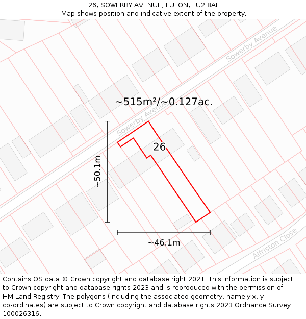 26, SOWERBY AVENUE, LUTON, LU2 8AF: Plot and title map