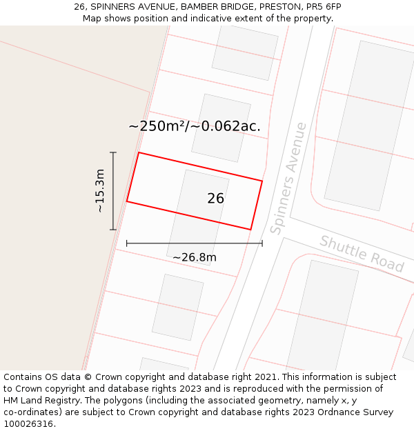 26, SPINNERS AVENUE, BAMBER BRIDGE, PRESTON, PR5 6FP: Plot and title map
