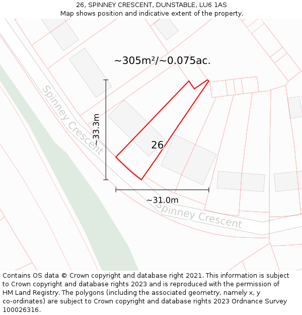 26, SPINNEY CRESCENT, DUNSTABLE, LU6 1AS: Plot and title map