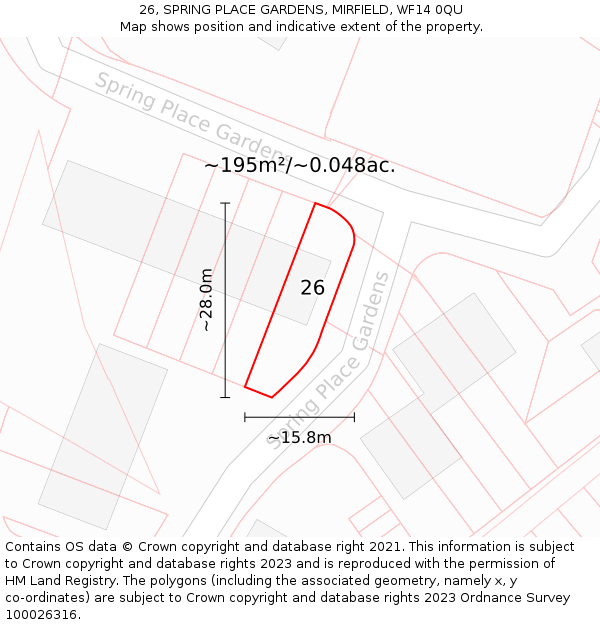 26, SPRING PLACE GARDENS, MIRFIELD, WF14 0QU: Plot and title map