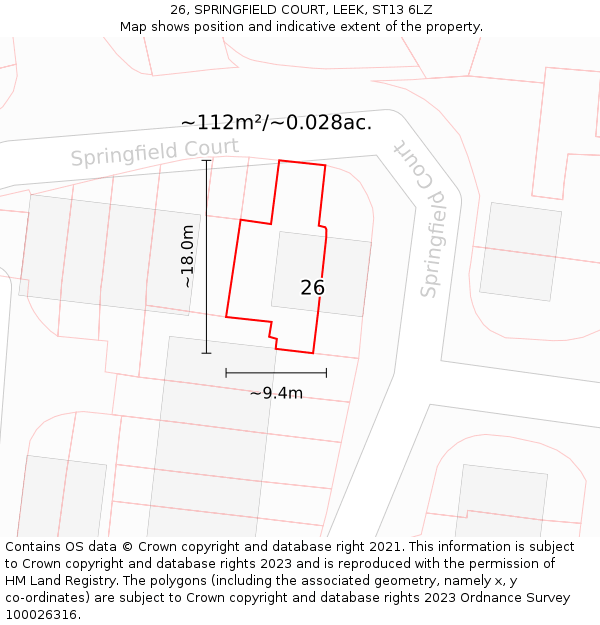 26, SPRINGFIELD COURT, LEEK, ST13 6LZ: Plot and title map
